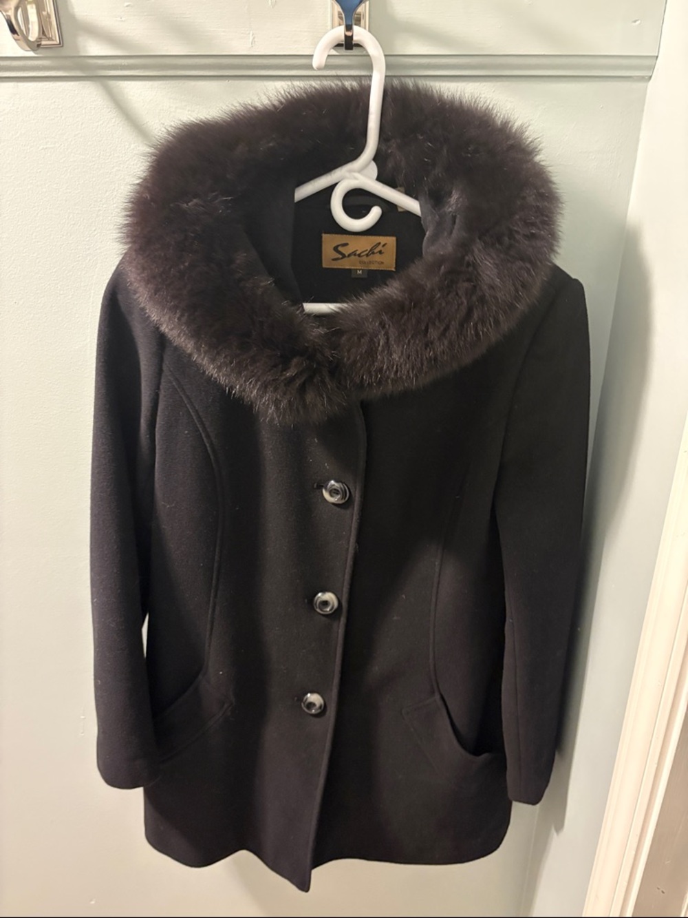 SACHI Black Wool Pea Coat with Fox Fur Collar